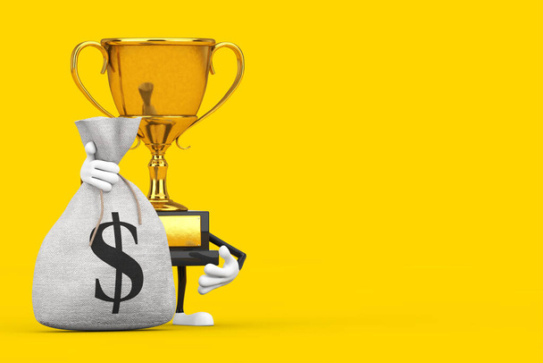Zlatá cena vítěz trofej maskot osoba postava s vázaným rustikální plátno povlečení peníze pytel nebo taška na peníze s dolarem znamení na žlutém pozadí. 3D vykreslování - Fotografie, Obrázek
