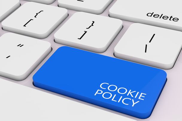 Blue Cookie Policy Key on White PC Keyboard extreme closeup (en inglés). Renderizado 3d - Foto, Imagen