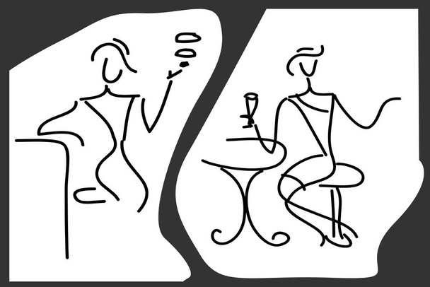  Kaksi vektoriviivapiirrosta: tyttö baarissa savukkeen kanssa ja tyttö pöydässä lasi kädessään. Musta ja valkoinen kuva. - Vektori, kuva