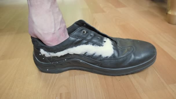 Erkekler sonbahar mevsiminde ayakkabılarına krem sıkar ve onları yumuşak bir bezle siler. - Video, Çekim