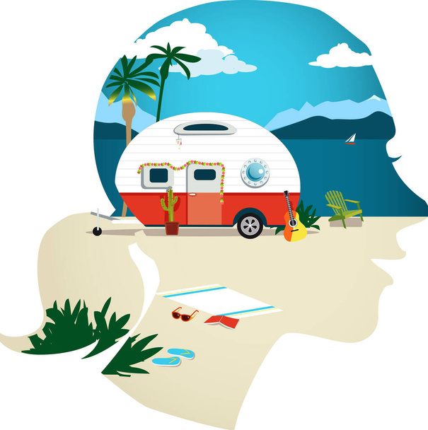 Perfil femenino con una escena de viaje, caravana remolque en una playa en el lado del mar, EPS 8 vector de ilustración - Vector, imagen