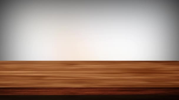 Tavolo vuoto in legno davanti a sfondo grigio chiaro e azzurro. Effetto luce e perdite. Video HD - Filmati, video