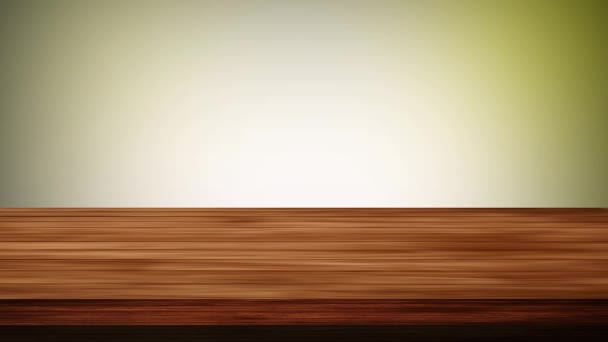 Tyhjä puinen pöytä edessä vaaleanharmaa ja vaaleanvihreä tausta. Kevyt ja vuotava vaikutus. HD-kuvamateriaalia - Materiaali, video