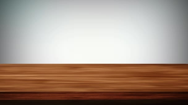 Mesa de madera vacía delante de fondo gris claro y verde claro. Efecto de luz y fugas. Imágenes de alta definición - Metraje, vídeo