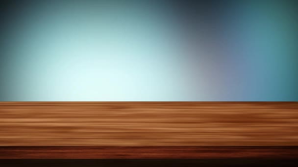 Empty wooden board table in front of flickering black and navy blue background. Light and leak effect. HD footage - Footage, Video
