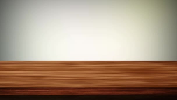 Lege houten bordtafel voor lichte kastanjebruine en groenblauwe ondergrond. Licht en lek effect. HD-beelden - Video
