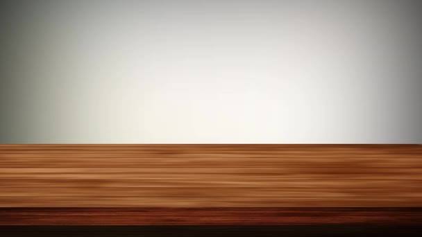 Tavolo vuoto in legno davanti a fondo grigio chiaro e giallo chiaro. Effetto luce e perdite. Video HD - Filmati, video