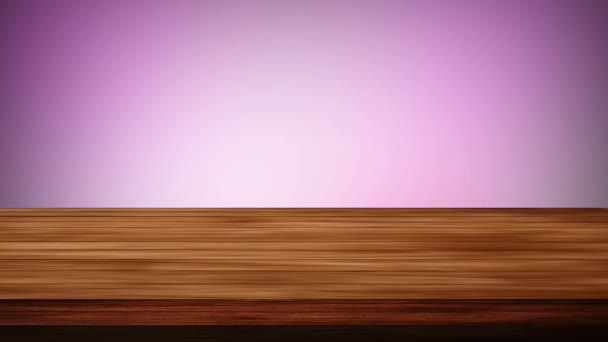 Table en bois vide devant fond gris et violet. Effet de lumière et fuite. Des séquences HD - Séquence, vidéo