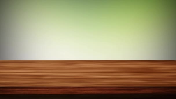 Tavolo vuoto in legno davanti a sfondo grigio e verde. Effetto luce e perdite. Video HD - Filmati, video