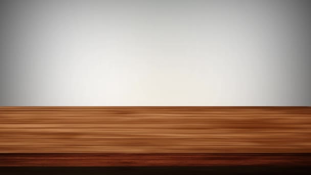 Tavolo vuoto in legno davanti a sfondo grigio chiaro e marrone chiaro. Effetto luce e perdite. Video HD - Filmati, video