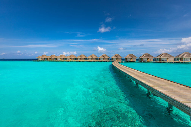 Krásný tropický ostrov Maledivy s modrým mořem, modrá obloha pro dovolenou přírody pozadí koncepce. Dřevěná cesta, molo v tropickém vertikálním panoramatu. Úžasná letní dovolená koncept - Fotografie, Obrázek
