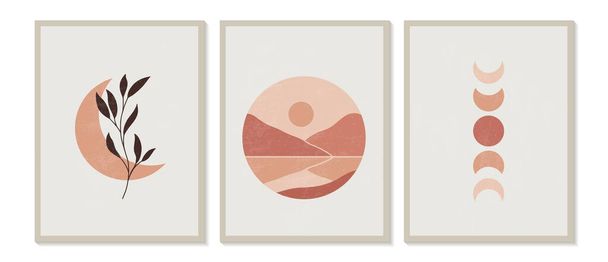 Trendy contemporary set of abstract creative geometric minimalist artistic hand painted mountain landscapes composition, moon phases and floral. Vector posters for wall decor in vintage style - Vector, Image
