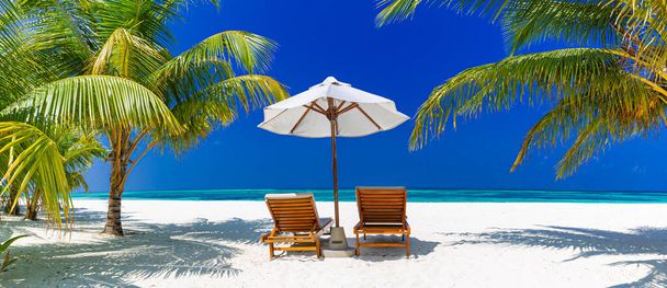 Tropische Strandnatur als Sommerlandschaft mit Liegestühlen und Palmen. Luxuriöse Reiselandschaft, schönes Reiseziel für Urlaub oder Urlaub. Strandszene, Freiheit - Foto, Bild