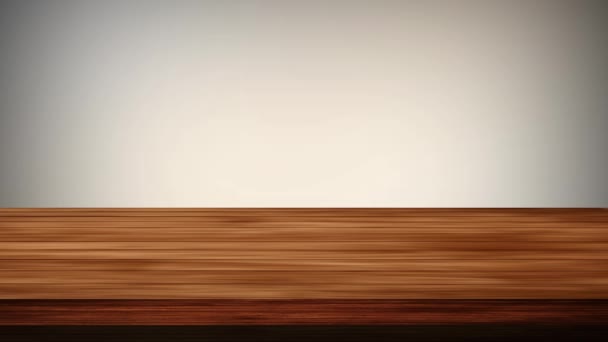 Tavolo vuoto in legno davanti a sfondo rosso-nerastro e arancio chiaro. Effetto luce e perdite. Video HD - Filmati, video