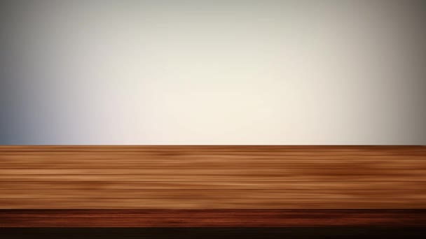 Mesa de madera vacía delante de naranja claro con fondo gris. Efecto de luz y fugas. Imágenes de alta definición - Metraje, vídeo