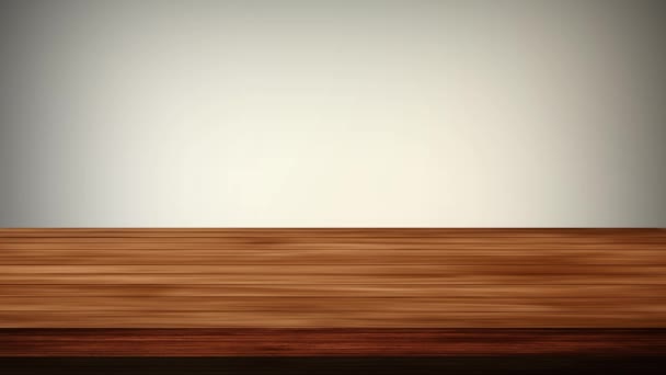 Table en bois vide devant un fond orange clair et gris. Effet de lumière et fuite. Des séquences HD - Séquence, vidéo