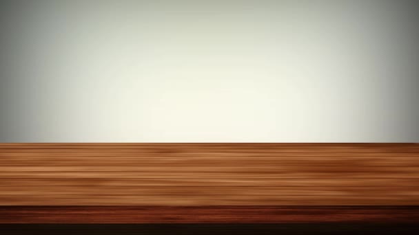 Tyhjä puinen pöytä edessä harmaa ja vaaleanruskea tausta. Kevyt ja vuotava vaikutus. HD-kuvamateriaalia - Materiaali, video