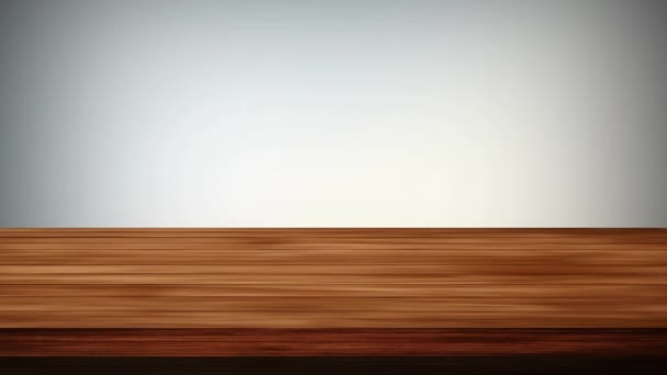 Mesa de madera vacía delante de fondo gris claro y azul. Efecto de luz y fugas. Imágenes de alta definición - Metraje, vídeo