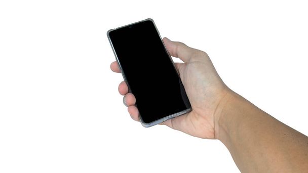 Téléphone portable à main, isolé sur fond blanc. - Photo, image