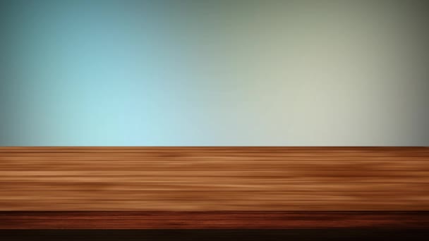 Tavolo in legno vuoto davanti a sfondo azzurro cielo e arancio chiaro. Effetto luce e perdite. Video HD - Filmati, video
