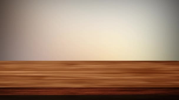 Tavolo vuoto in legno davanti a fondo arancio chiaro e grigio chiaro. Effetto luce e perdite. Video HD - Filmati, video