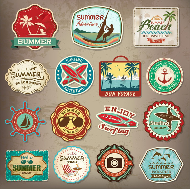 Collection of vintage retro grunge summer labels, labels, badges and icons - Vettoriali, immagini