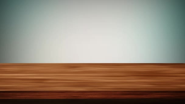 Tavolo vuoto in legno davanti a sfondo grigio chiaro e verde. Effetto luce e perdite. Video HD - Filmati, video