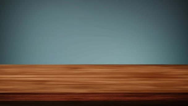 Lege houten bordtafel voor grijsblauwe en zeegroene achtergrond. Licht en lek effect. HD-beelden - Video
