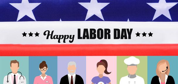 Texto HAPPY LABOR DAY y dibujado personas de diferentes profesiones con bandera de EE.UU.. - Foto, imagen