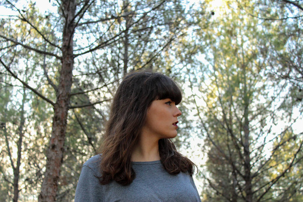 Giovane ragazza bruna in posa nella foresta con alberi sullo sfondo - Foto, immagini