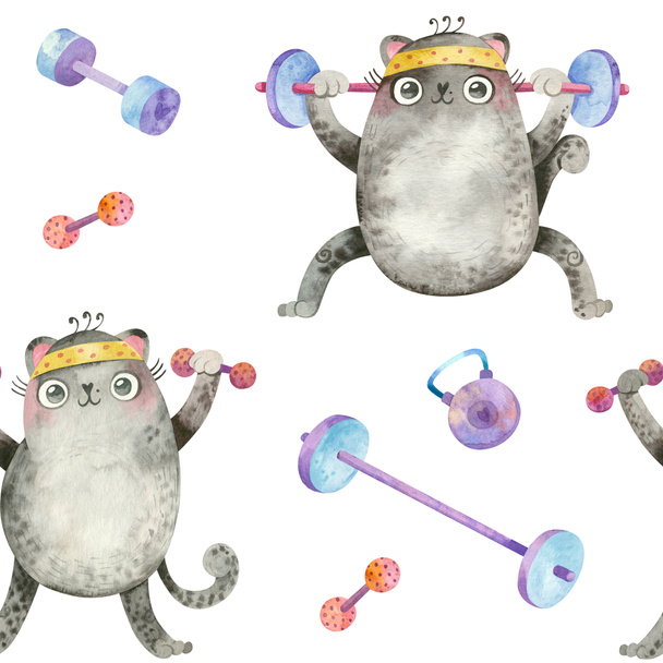 Athletic cats. Cute characters squat with a barbell, raise dumbbells. Print for sports goods. Watercolor seamless patterns on white background. - Photo, Image