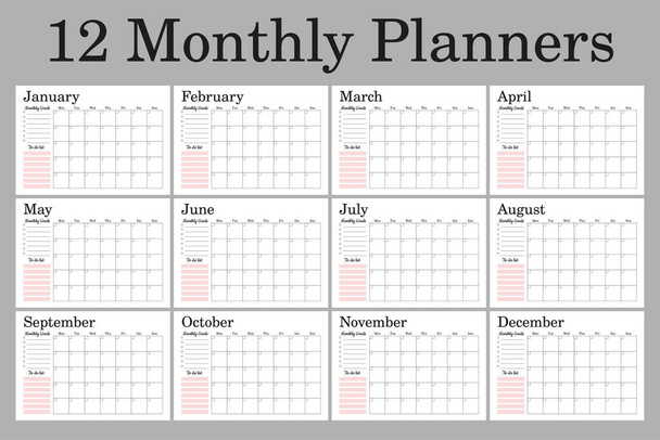 Planejadores mensais A4 tamanho, conjunto de 12 páginas de planejador, ótimo para organizadores de leitarias, diário de bala. - Vetor, Imagem