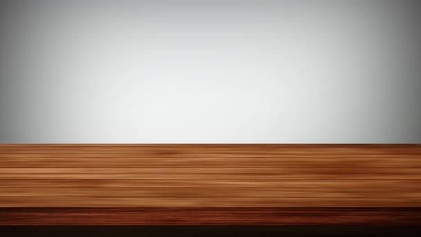 Açık gri ve siyah arkaplanın önündeki boş tahta masa. Işık ve sızıntı etkisi. HD görüntüler - Video, Çekim