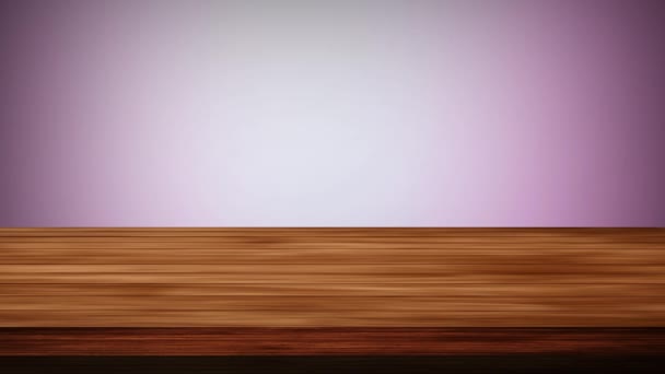 Tavolo da tavolo in legno vuoto davanti a sfondo rosa chiaro e marrone chiaro. Effetto luce e perdite. Video HD - Filmati, video