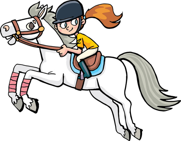 chica jinete en un caballo salta sobre un obstáculo imaginario - Vector, imagen