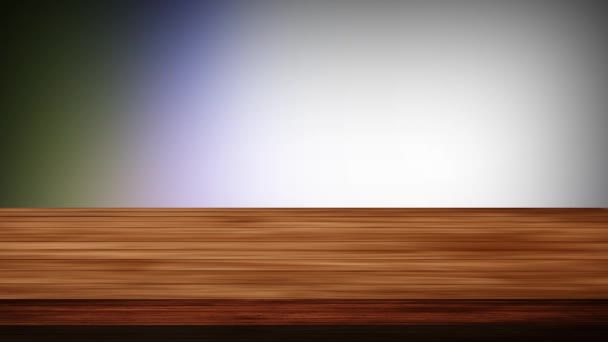 Tavolo vuoto in legno davanti a sfarfallante sfondo verde nerastro e viola. Effetto luce e perdite. Video HD - Filmati, video
