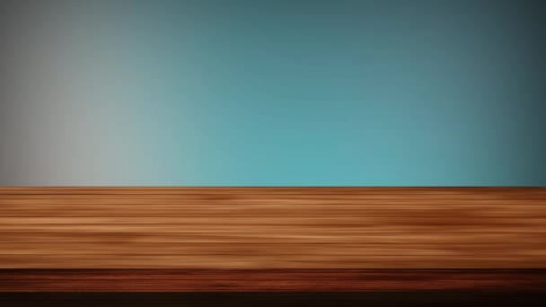 Lege houten bordtafel voor de lucht pauw groene achtergrond. Licht en lek effect. HD-beelden - Video