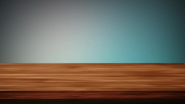 Lege houten bordtafel voor groenblauwe achtergrond. Licht en lek effect. HD-beelden. - Video