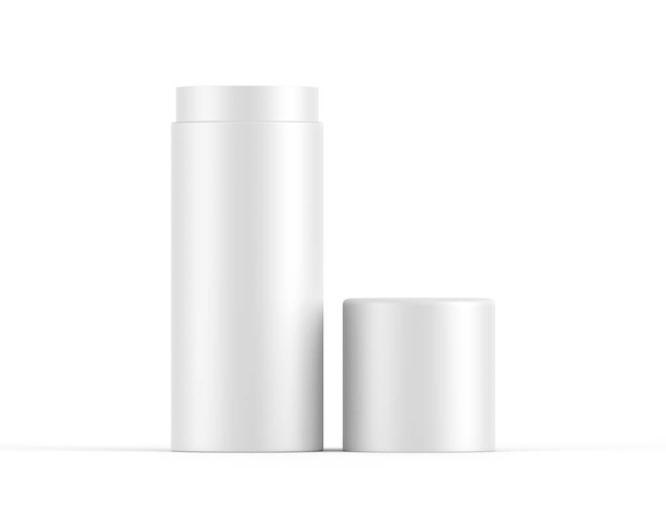 Белый бумажный тюбик отжимает жестяную банку на изолированном белом фоне, готов к презентации дизайна, 3d иллюстрация - Фото, изображение
