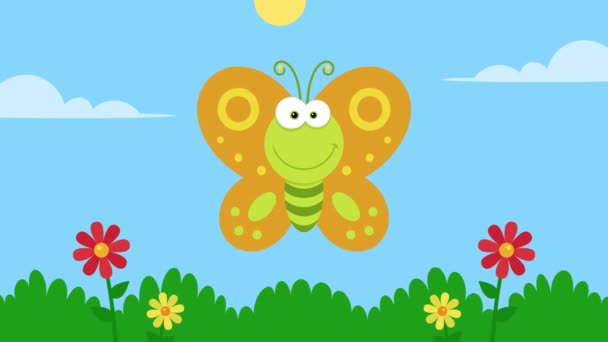草原を飛ぶカラフルな蝶のアニメーション - 映像、動画