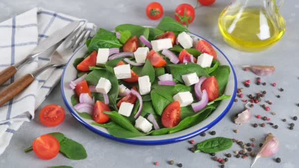 Greek salad in a bowl. Female hand seasoning vegetable and feta cheese salad with herbs. Concept of preparing Vegetable Salad step by step. Healthy food concept - Footage, Video