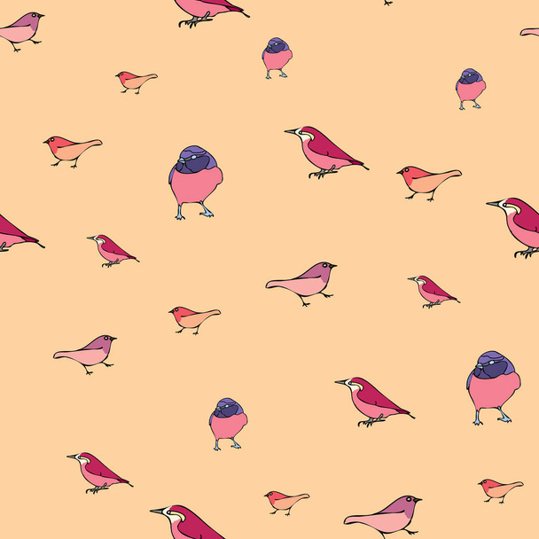 Vector pastel orange background various red birds seamless pattern. Purple Finch, Seamless pattern background - Vector, Image