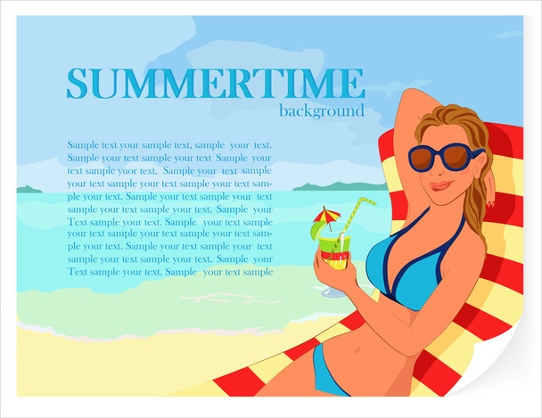 Summer background with girl and cocktail - Vector, Image