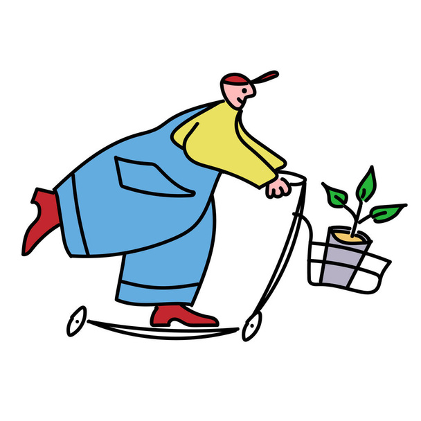 Guy entrega plántulas en scooter para cultivo en el jardín - Vector, imagen