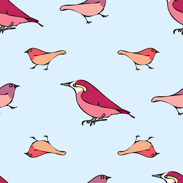 Vector blue background various red birds seamless pattern. Purple Finch, Seamless pattern background - Vector, Image