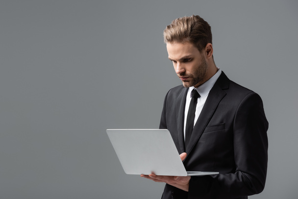junger, konzentrierter Geschäftsmann mit Laptop isoliert auf grau - Foto, Bild
