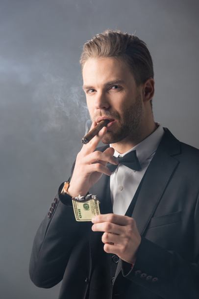 πλούσιος επιχειρηματίας καπνίζει πούρο ενώ κρατά καμένο τραπεζογραμμάτιο σε γκρι φόντο με καπνό - Φωτογραφία, εικόνα