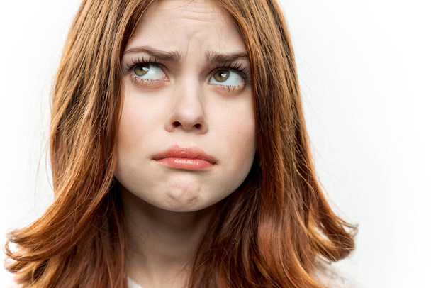 pretty surprised woman red hair face closeup emotions - Photo, Image