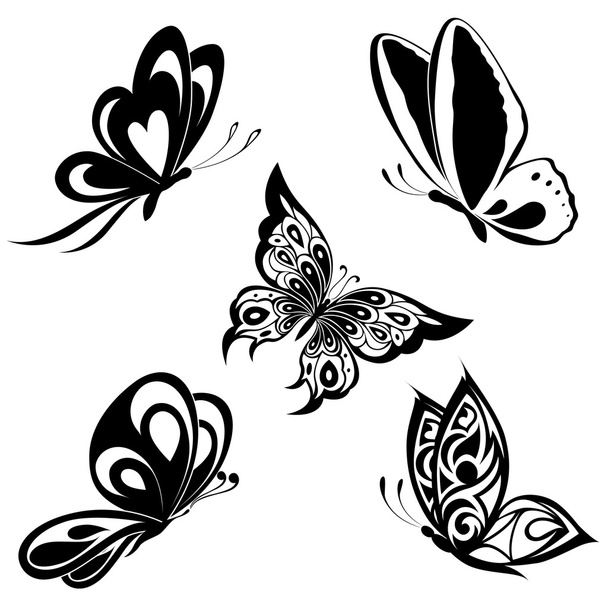 Set black white butterflies of a tattoo - Διάνυσμα, εικόνα