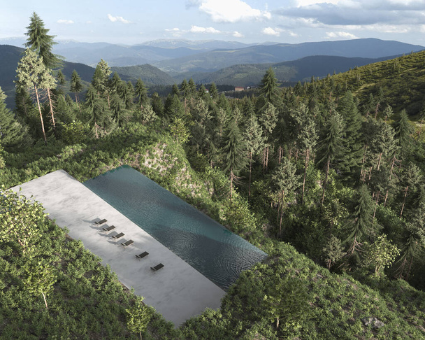 Μοντέρνα βεράντα του σπιτιού και ιδιωτική πισίνα με ξαπλώστρα. Φύση πανοραμική θέα δάσος με βουνά τοπίο και πεύκο στη βίλα. 3D καθιστούν εικονογράφηση. Ελάχιστος εξωτερικός σχεδιασμός αρχιτεκτονικής. - Φωτογραφία, εικόνα
